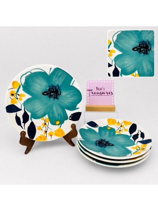 Baum Brothers Other - Baum Brothers BELLA FLORAL Turquoise Yellow Floral Salad Lunch Plates Set of 4